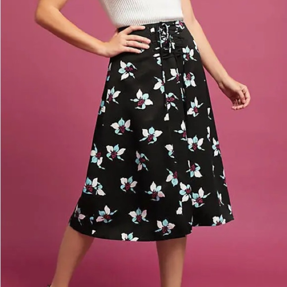 Anthropologie Maeve NWT Zadie Black Floral Lace Up Midi Skirt Size 8